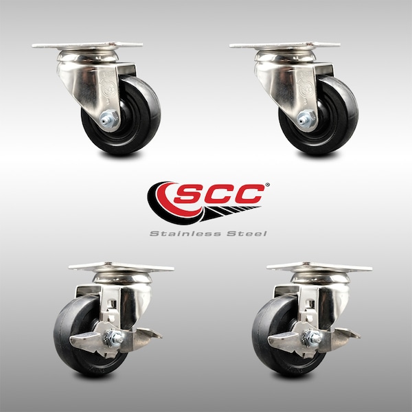 3 Inch 316SS Soft Rubber Wheel Swivel Top Plate Caster Brakes SCC, 2PK